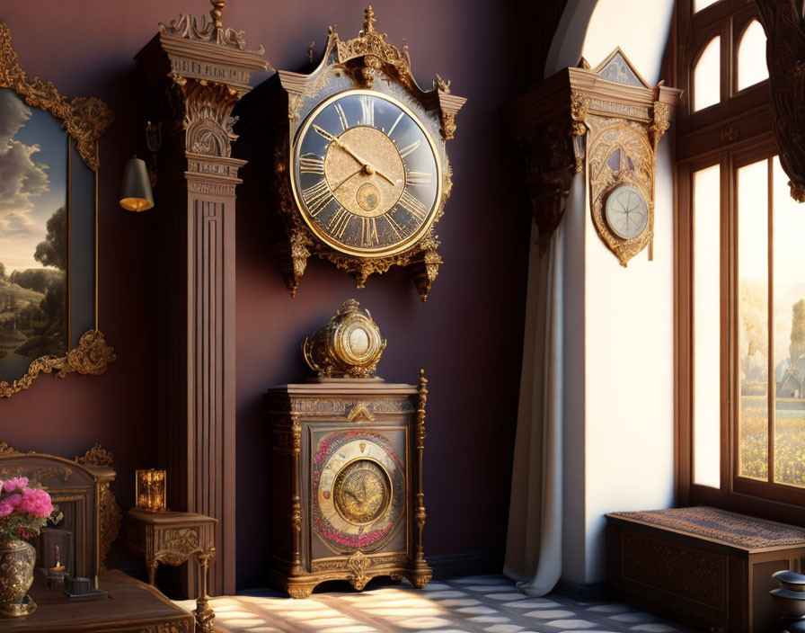 Luxurious antique furniture in opulent room with gold-trimmed mirror.