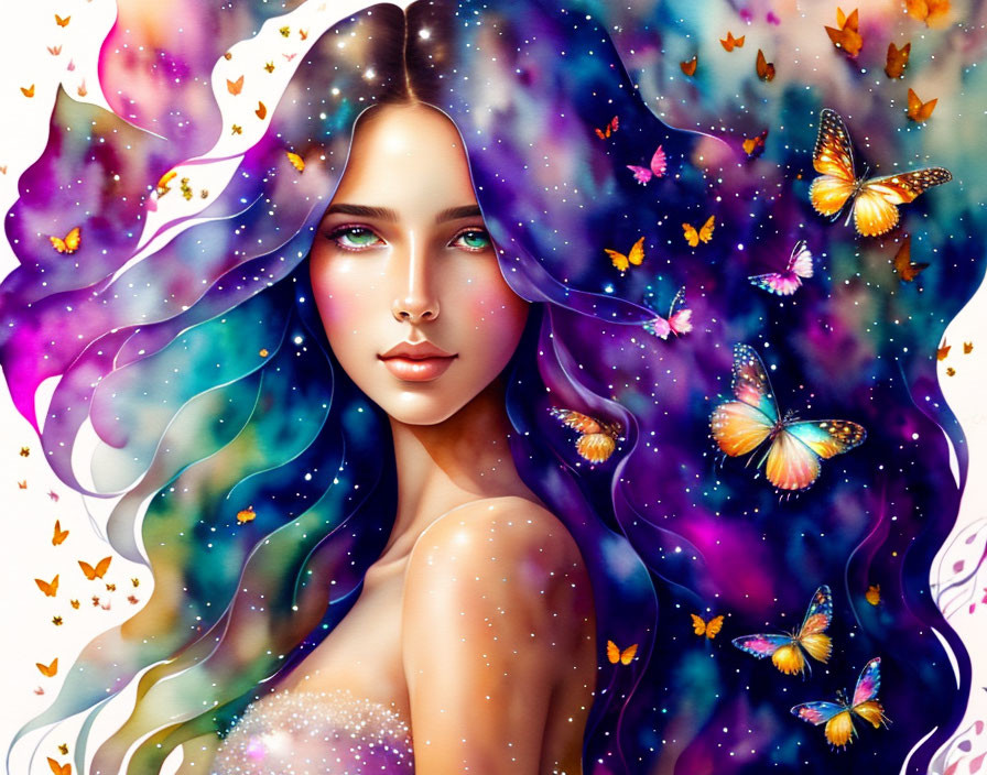 Woman with Galaxy Hair & Butterflies: Whimsical & Realistic Illustration