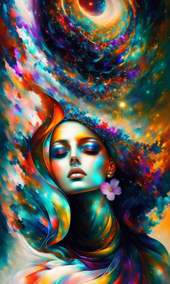 Colorful artwork: Woman with cosmic hair merging with stars and galaxies