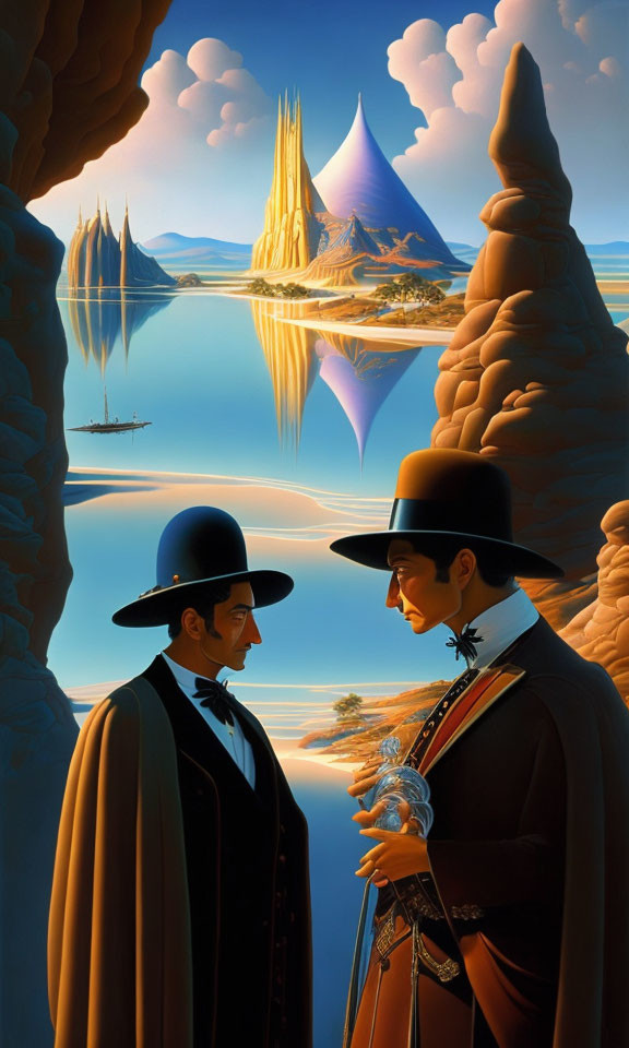 19th-Century Attired Men in Surreal Water Landscape