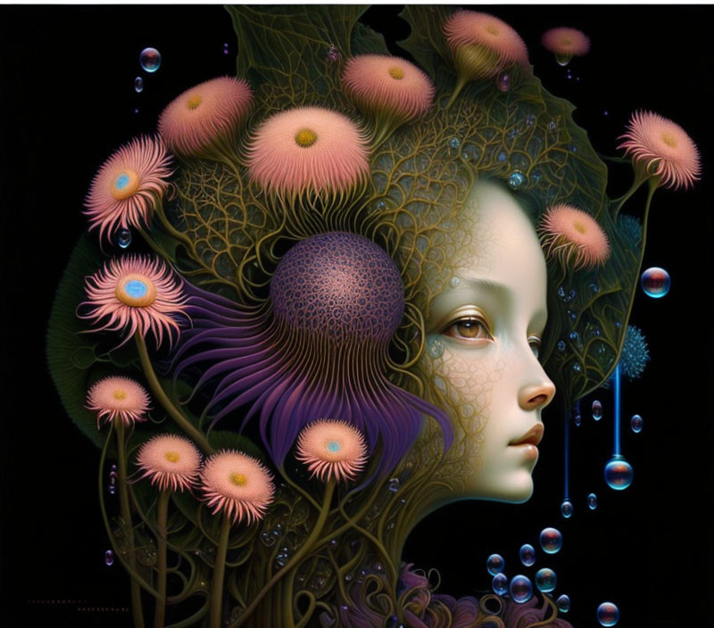 Surreal portrait of person with plant-like features and vibrant flowers