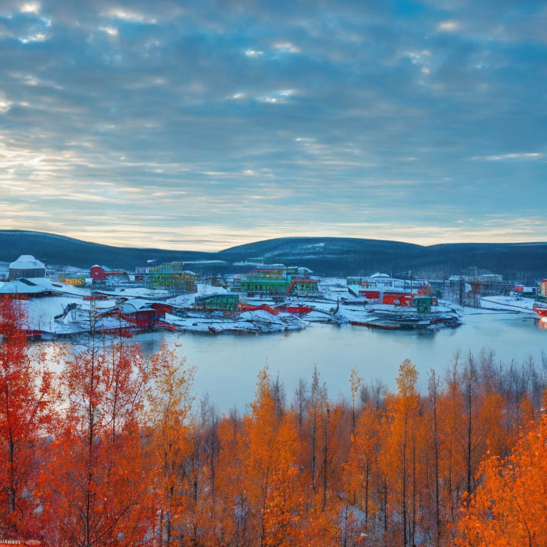 Snow-covered village surrounded by autumnal trees at dawn or dusk