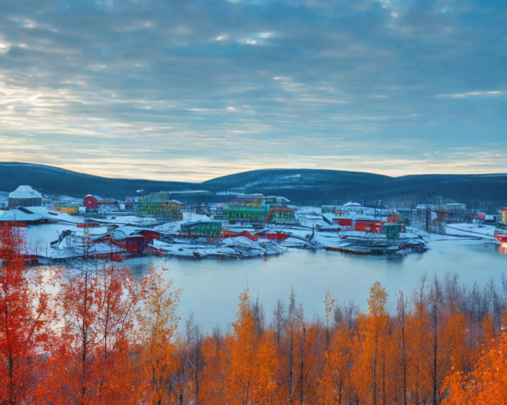 Snow-covered village surrounded by autumnal trees at dawn or dusk