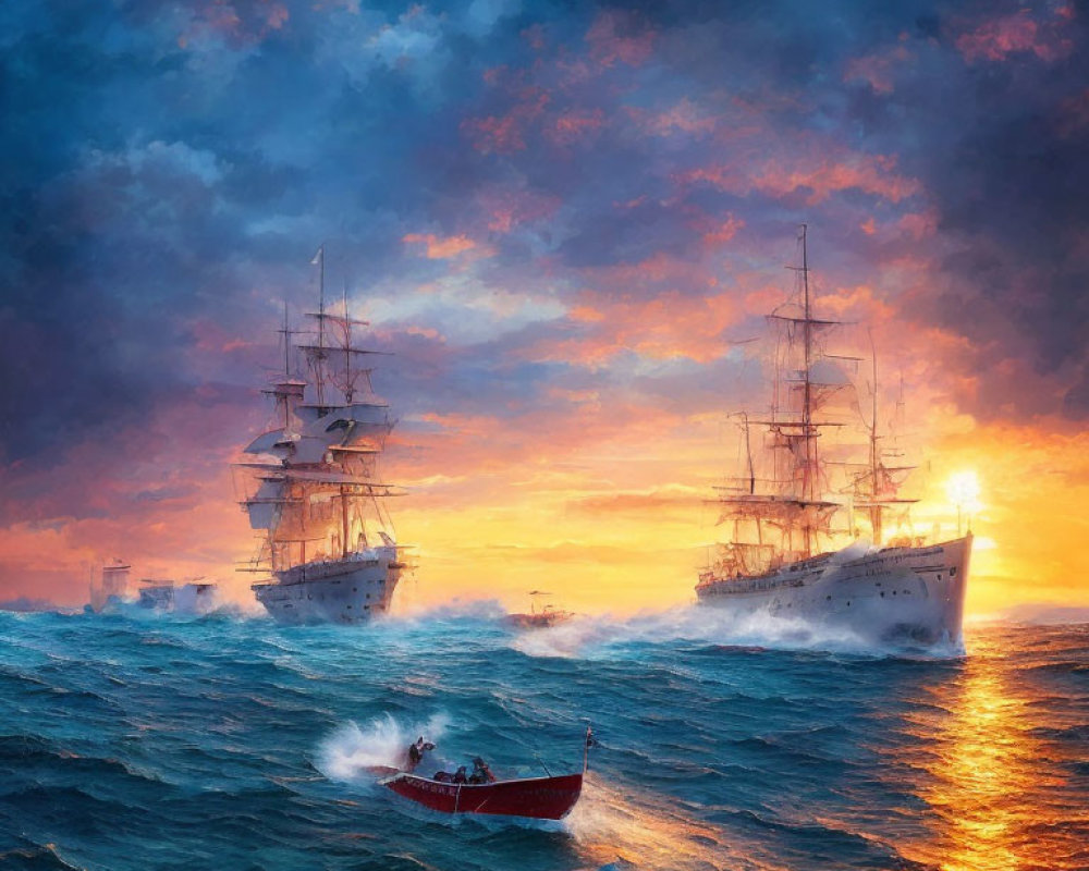 Sailing ships on turbulent sea at dramatic sunset or sunrise