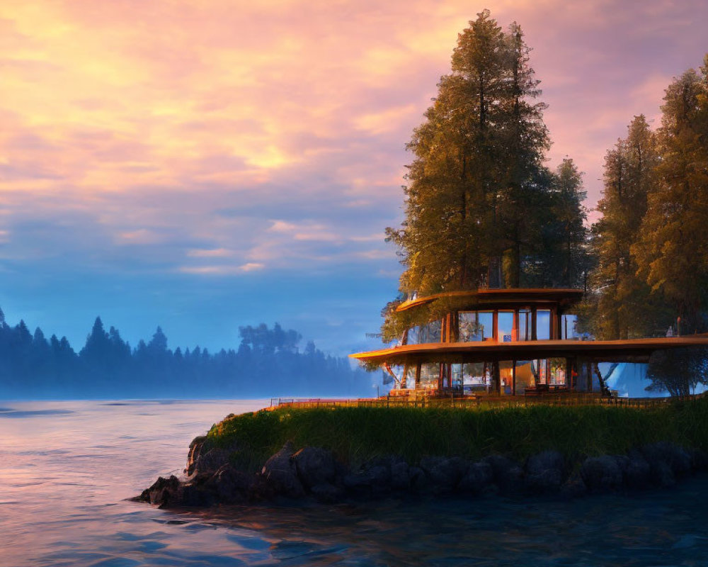 Twilight lakeside scene with modern house and colorful sky