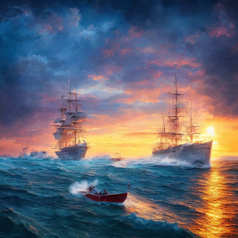 Sailing ships on turbulent sea at dramatic sunset or sunrise