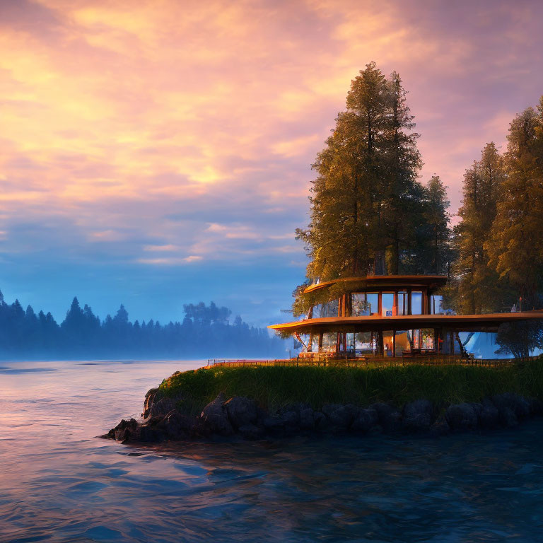 Twilight lakeside scene with modern house and colorful sky