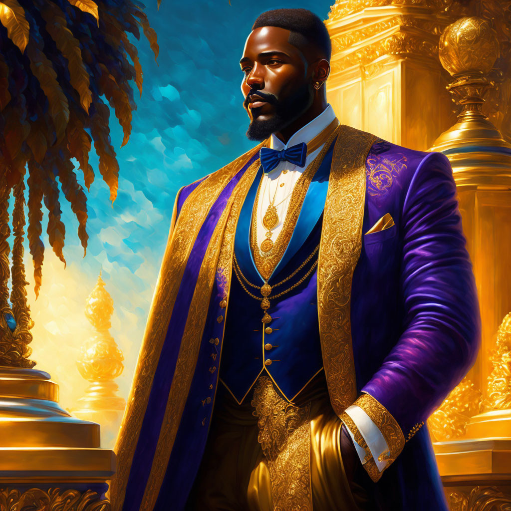 Regal man in blue and gold suit with bow tie and pocket watch poses confidently.