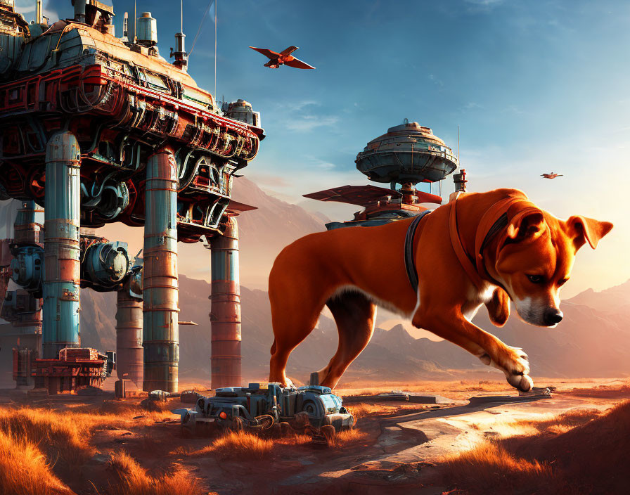 Giant Dog Walking by Futuristic Industrial Structures in Desert Landscape