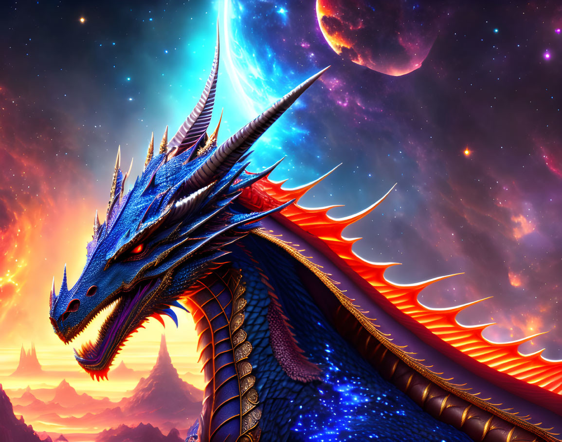 Blue dragon with orange underbelly scales in cosmic scene