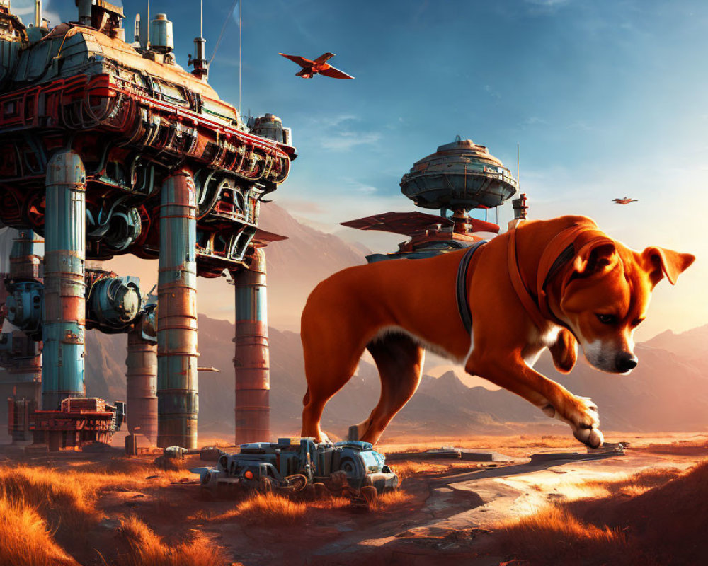 Giant Dog Walking by Futuristic Industrial Structures in Desert Landscape