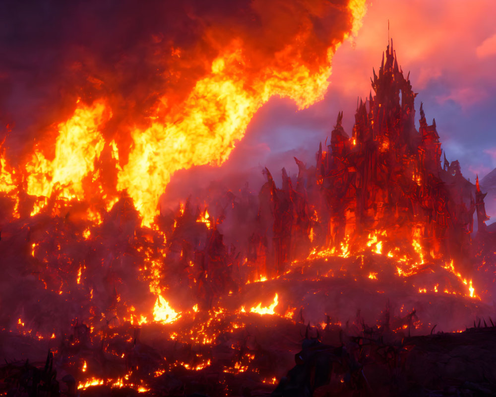 Sinister castle in fiery lava landscape under flaming sky