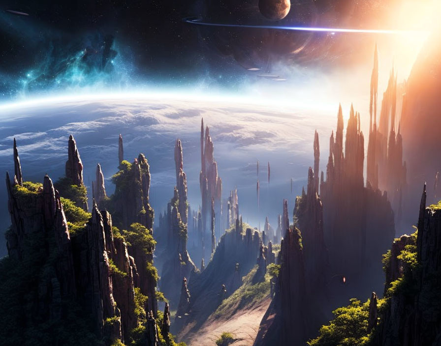 Alien landscape with towering spires and ringed planet on glowing horizon