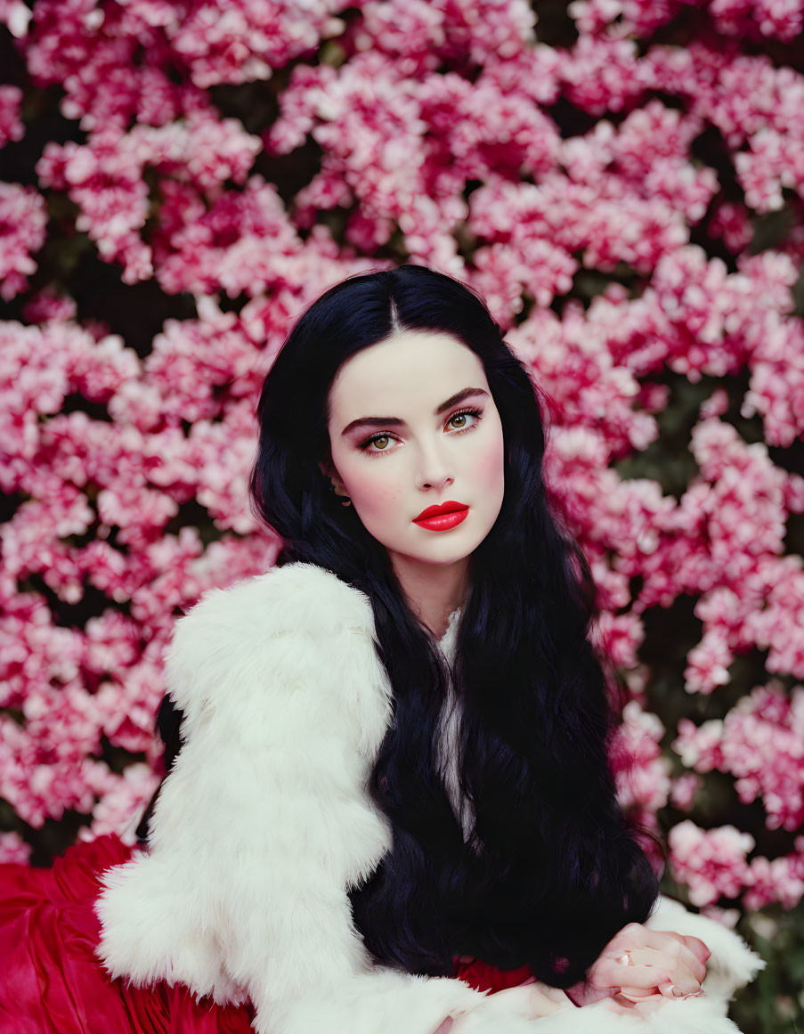 Woman in Red Dress with White Fur Stole and Black Hair against Pink Flower Background