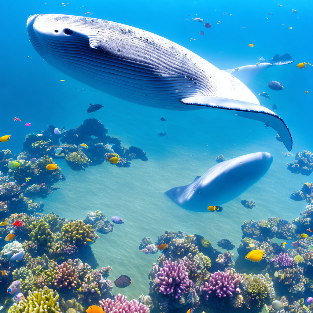 Vibrant coral reef with two whales and colorful fish in clear blue water