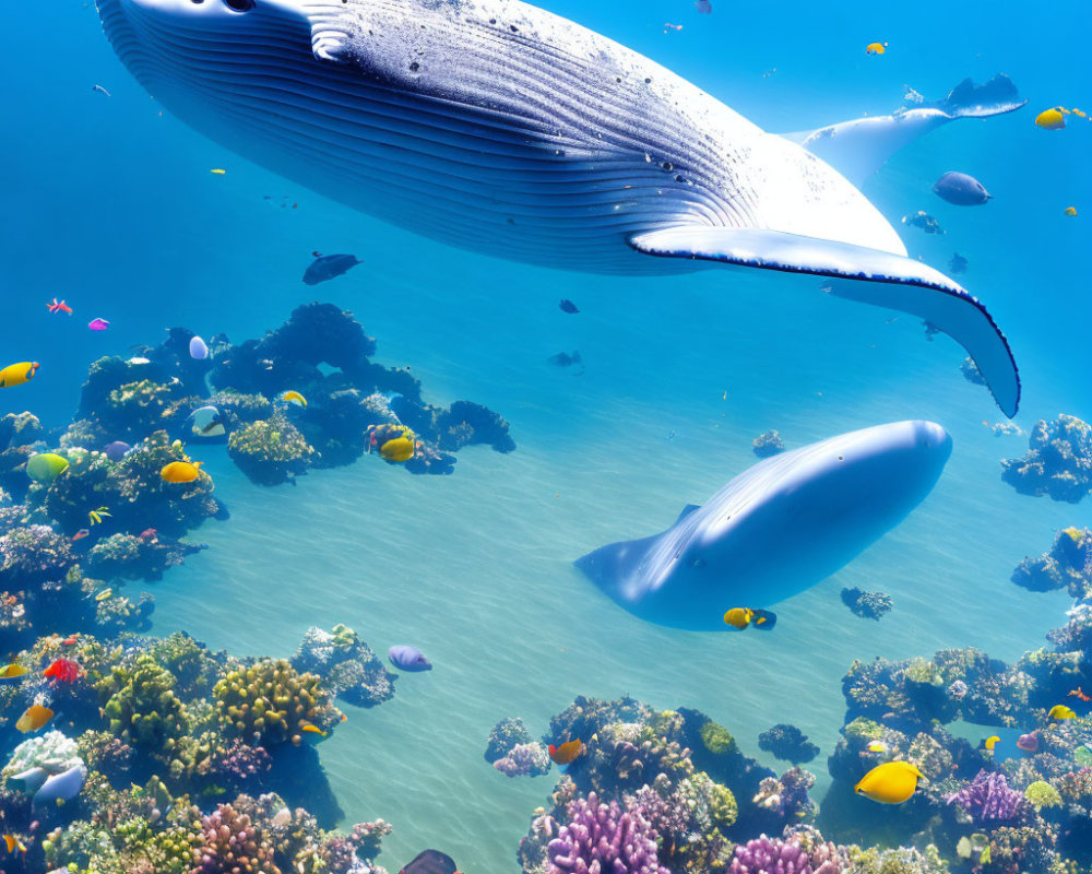 Vibrant coral reef with two whales and colorful fish in clear blue water