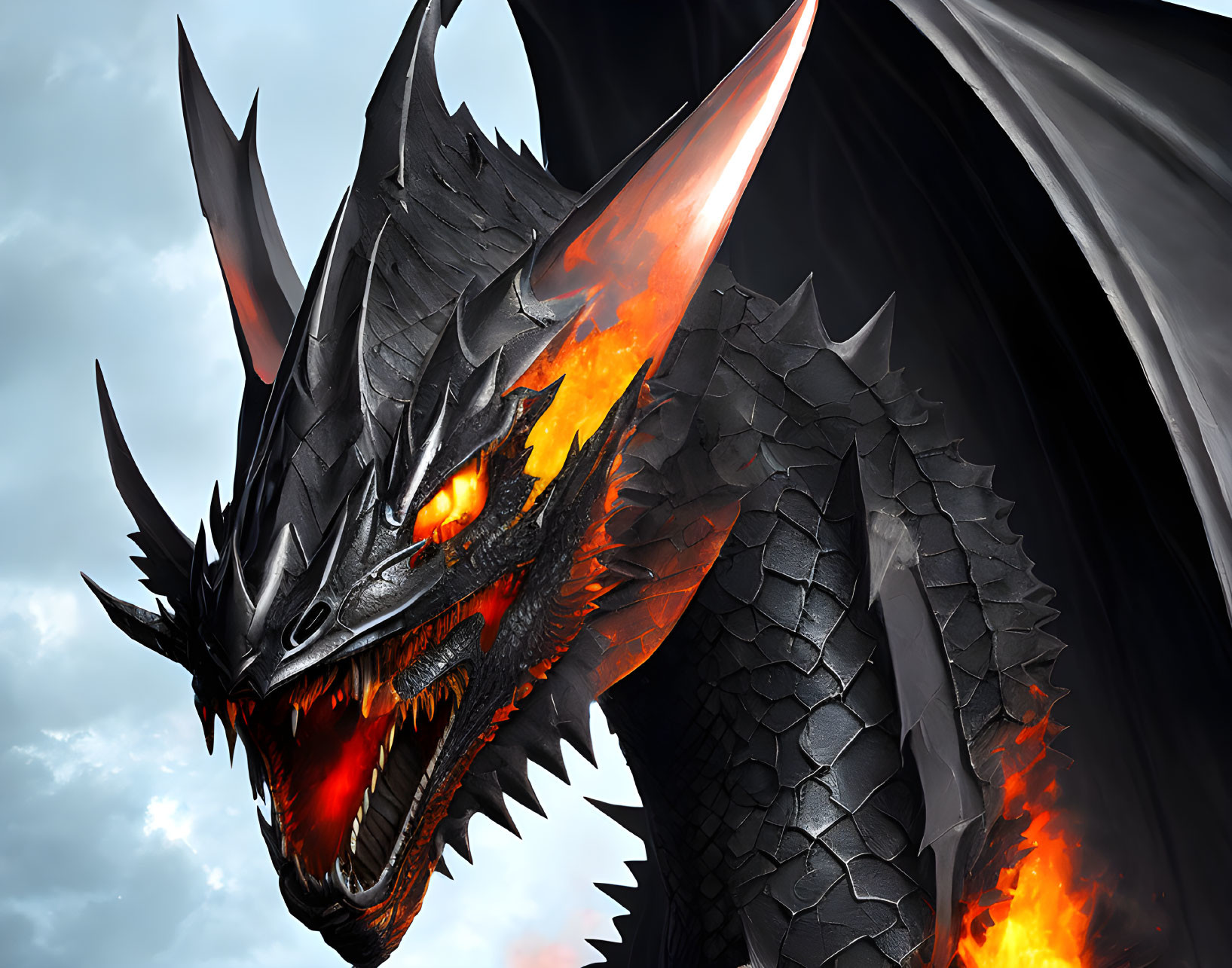 Majestic dragon with glowing eyes, fiery scales, and smoky breath in cloudy sky