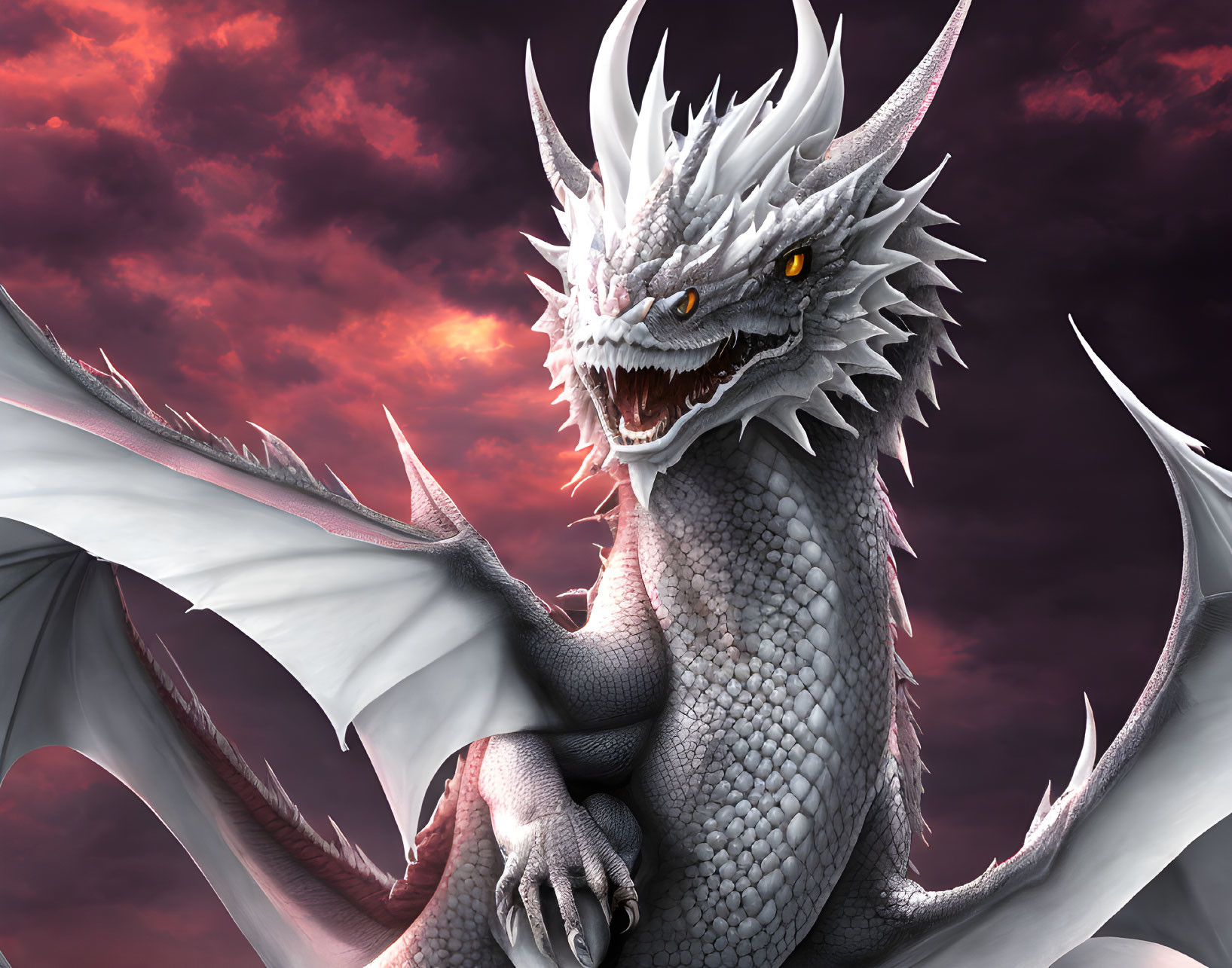 Majestic dragon with horns, spikes, wings, and glowing eyes in crimson sky