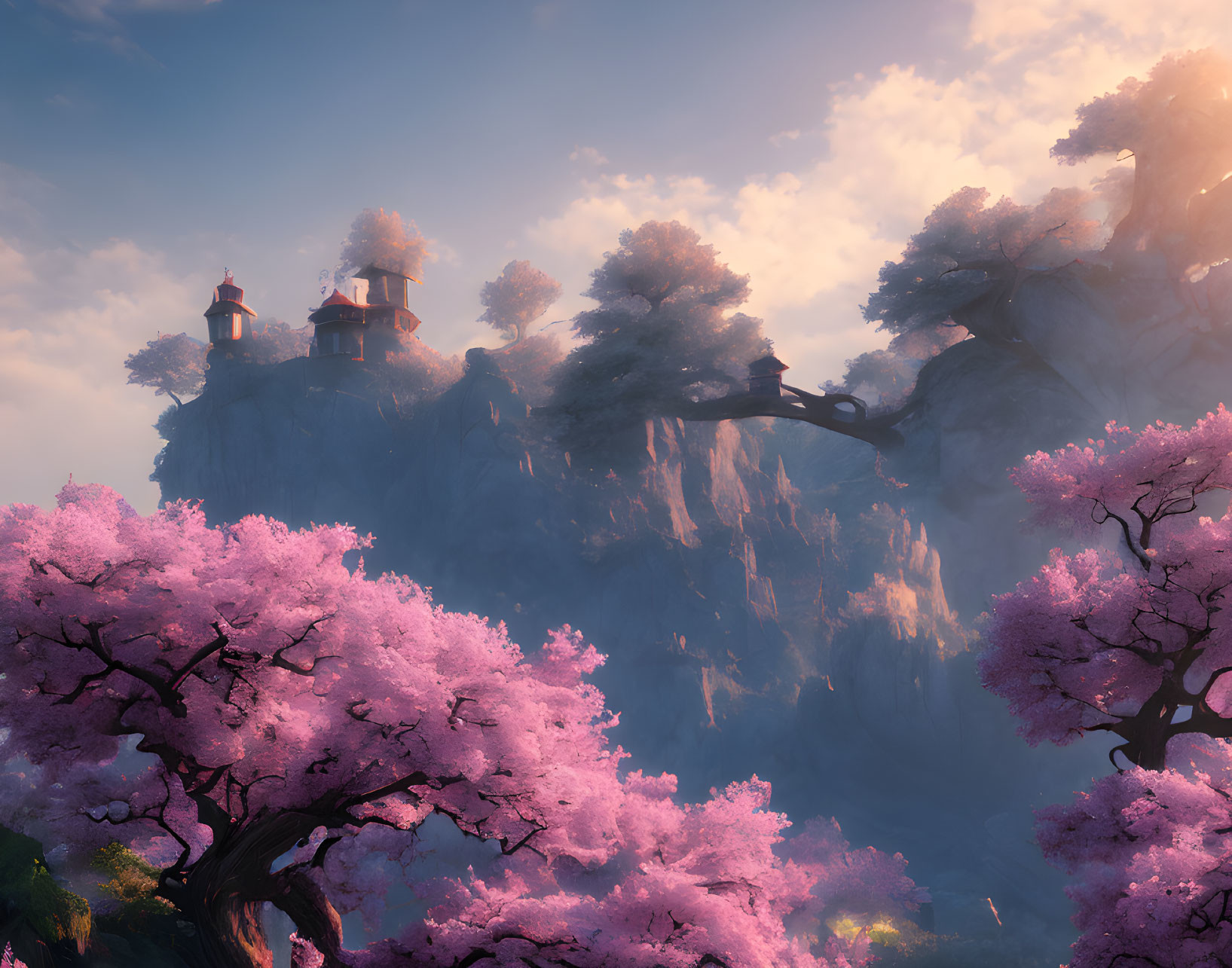 Mystical cherry blossom cliff with pagoda-style houses at sunset