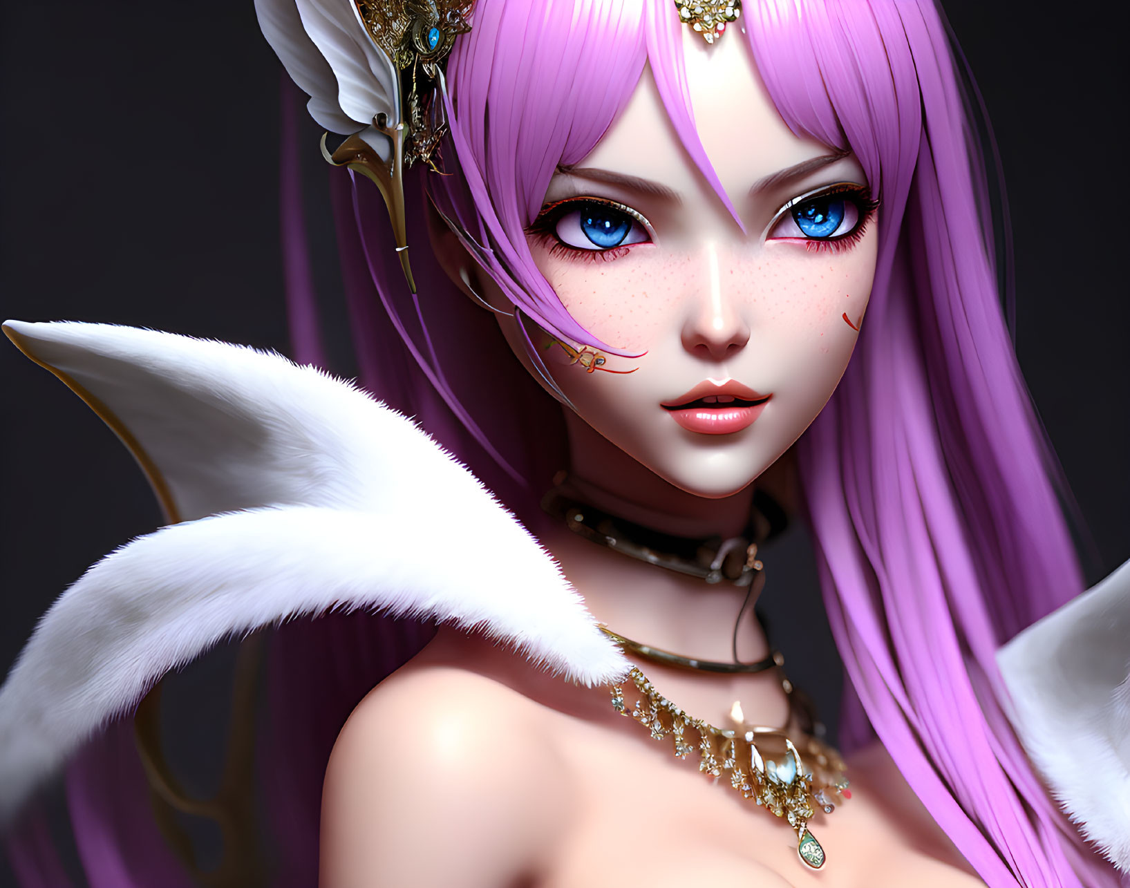 Fantasy character with pointed ears, blue eyes, pink hair, gold jewelry, white feathers