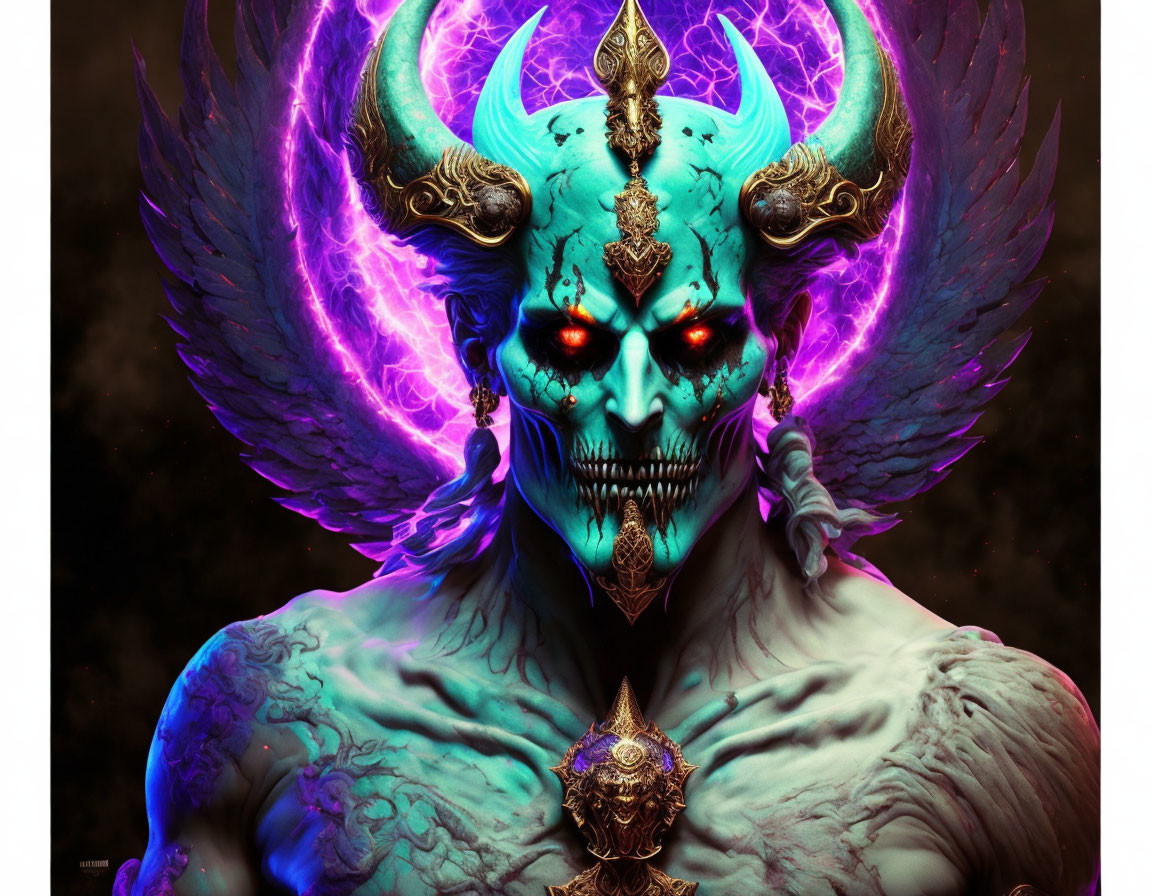 Fantasy creature with skull face, red eyes, purple horns, and glowing wings