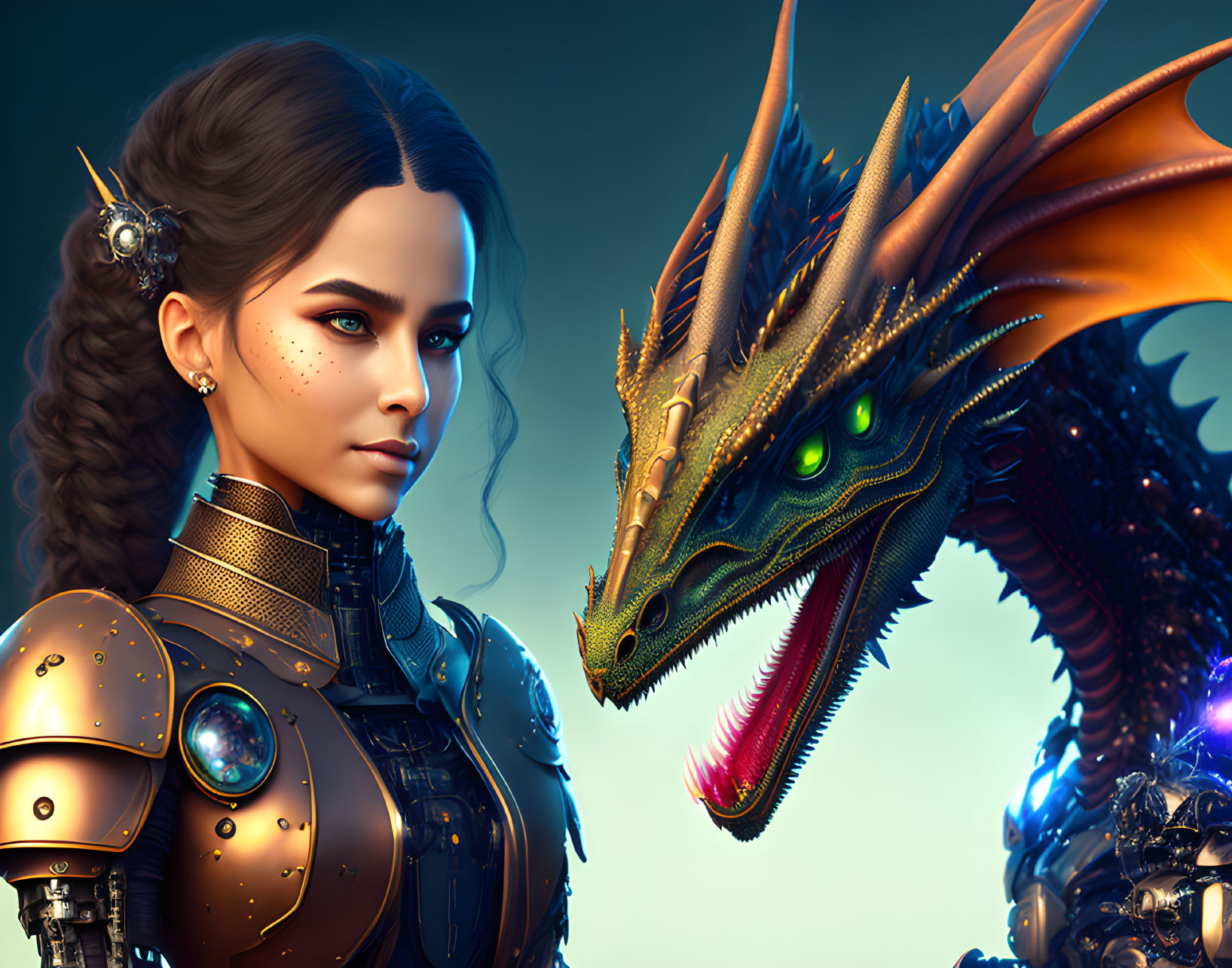 Female warrior in futuristic armor with detailed dragon on blue background