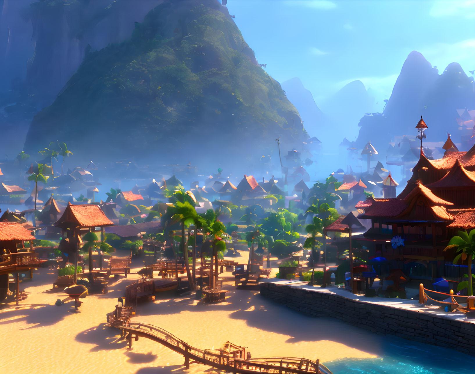 Scenic coastal village with traditional rooftops, mountains, beach, and palm trees