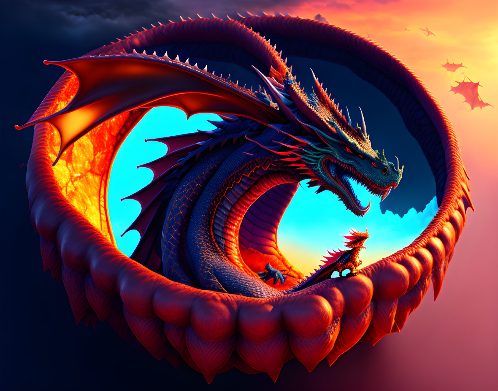 Vividly colored dragon with wings around glowing orb in digital art