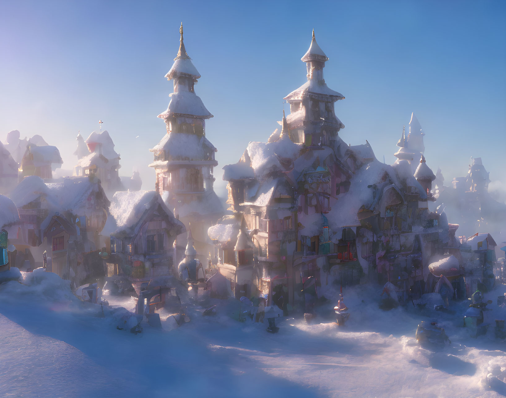 Snow-covered village with quaint buildings and towering spires in soft mist.