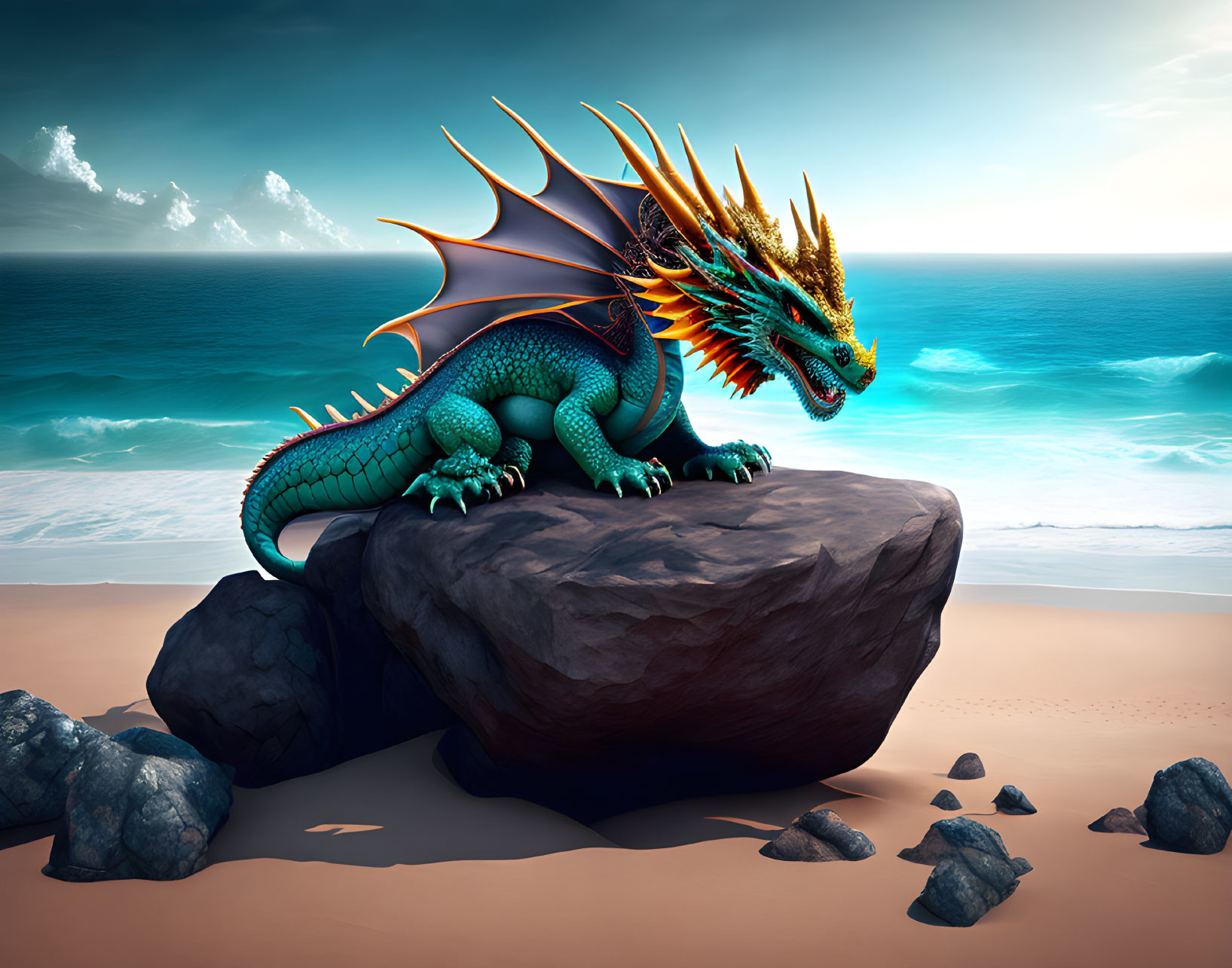 Colorful Green and Gold Dragon on Sandy Beach with Turquoise Sea