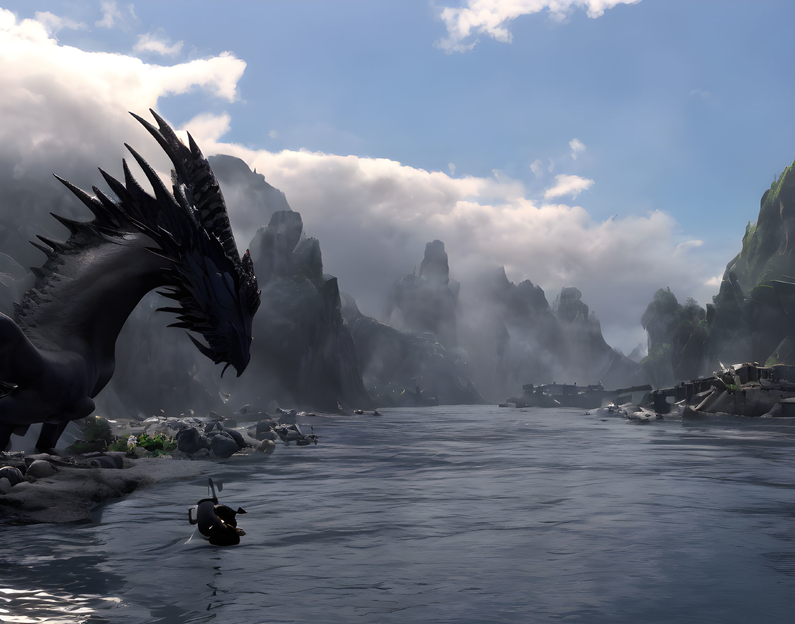 Black Dragon by Misty River and Cliffs: Boat and Cloudy Sky