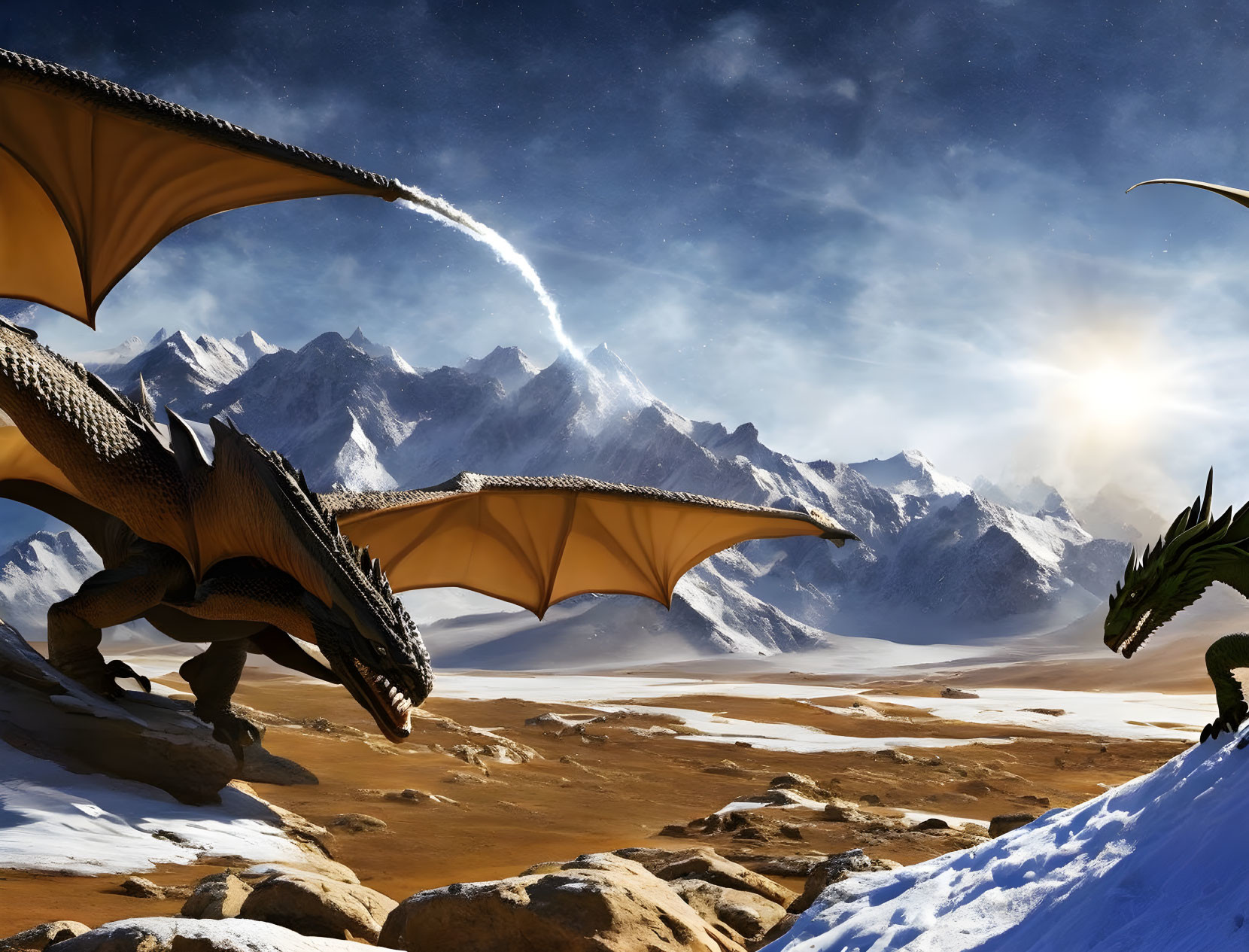 Fantastical landscape with two dragons, snowy mountains, and starry sky