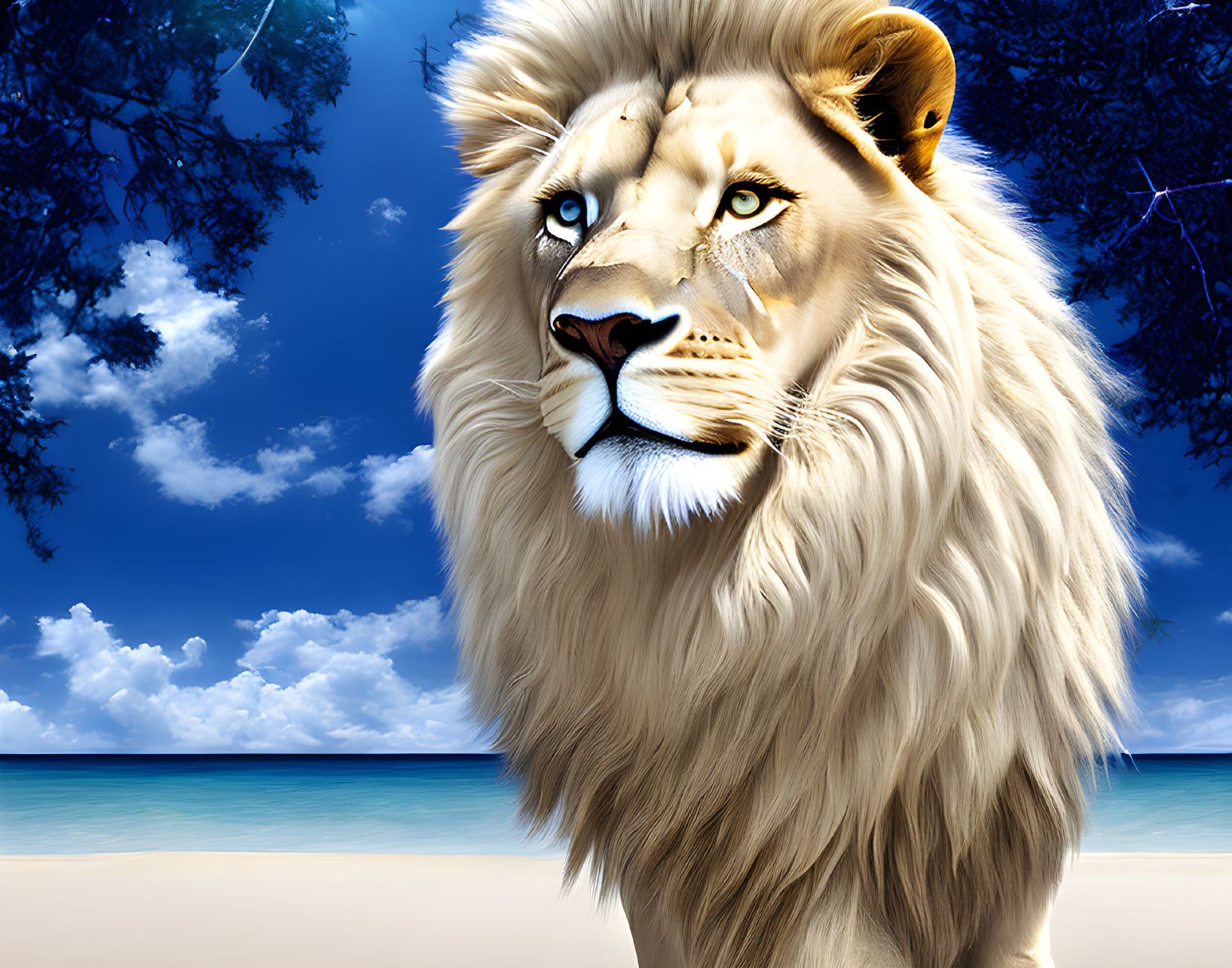 Lion's face on tropical beach with blue skies