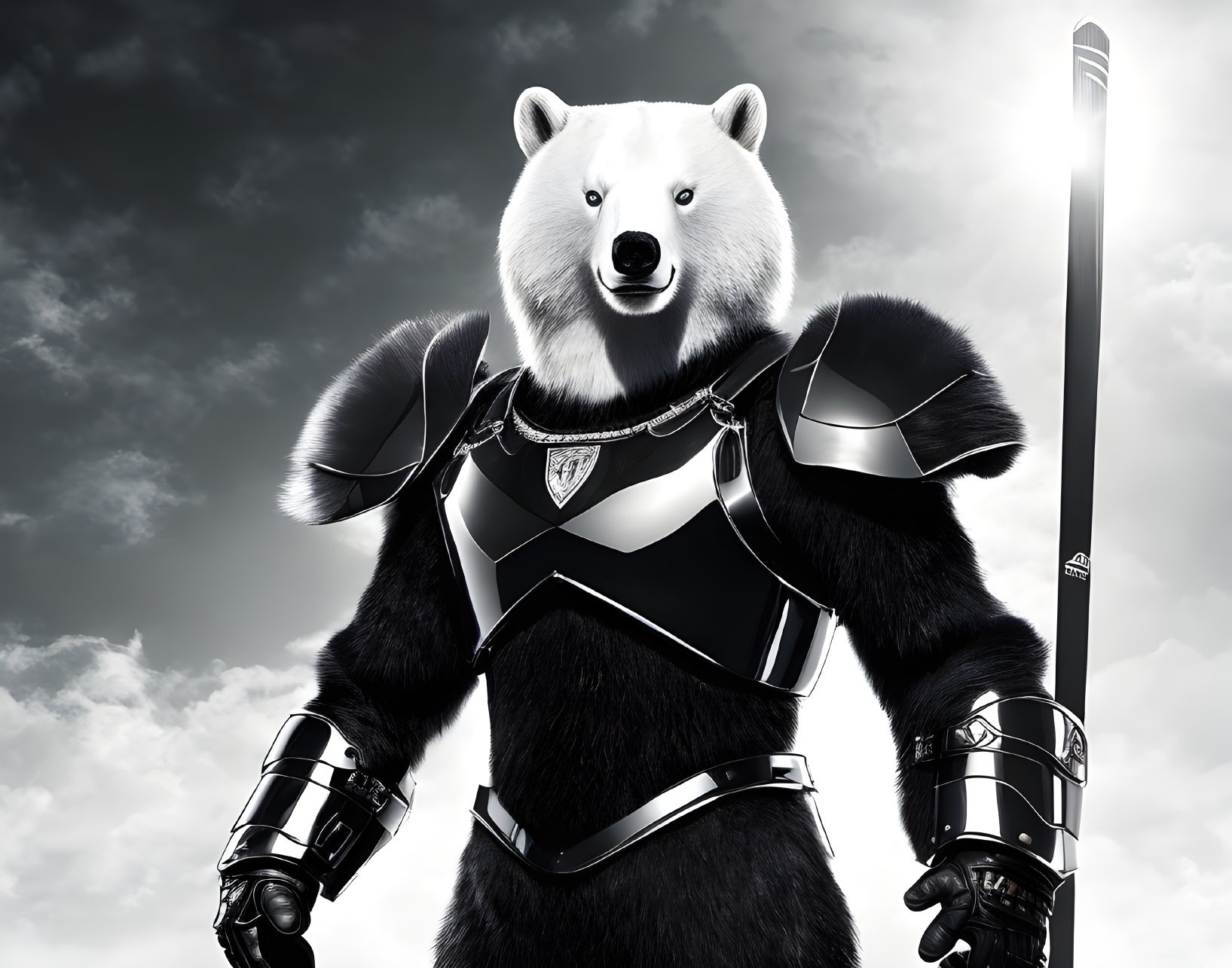 Polar bear warrior in armor with sword under cloudy sky