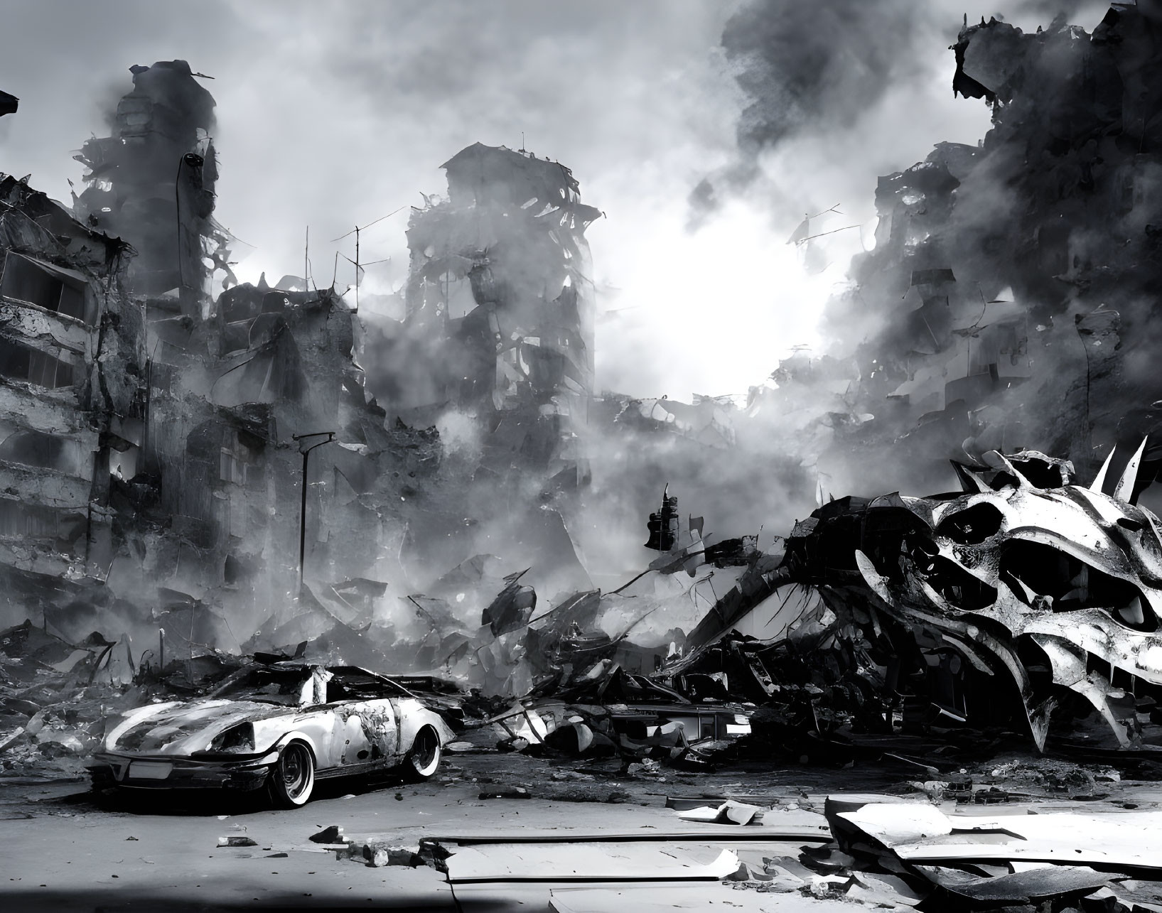 Monochrome devastation with crumbling buildings and wrecked car