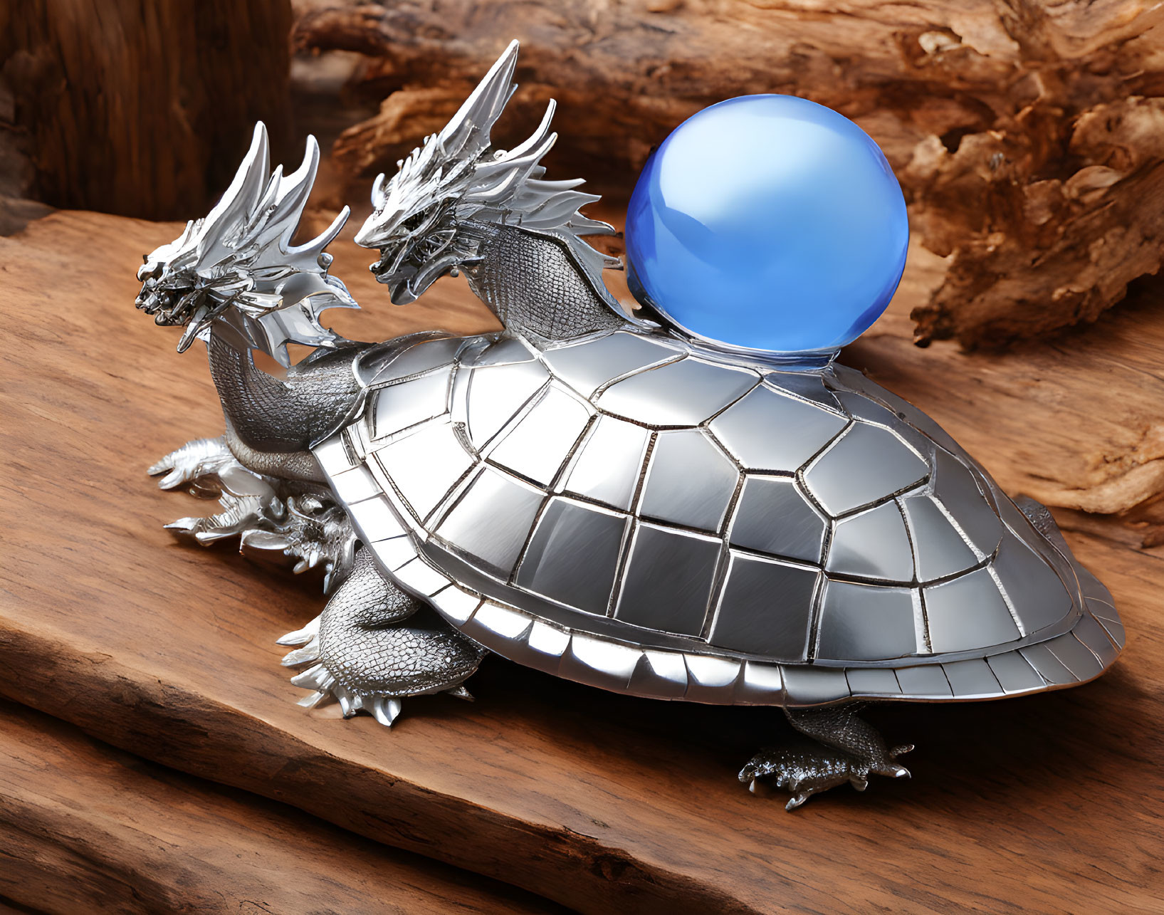 Metallic Turtle Sculpture with Two Dragon Heads and Blue Orb Shell on Wood Surface