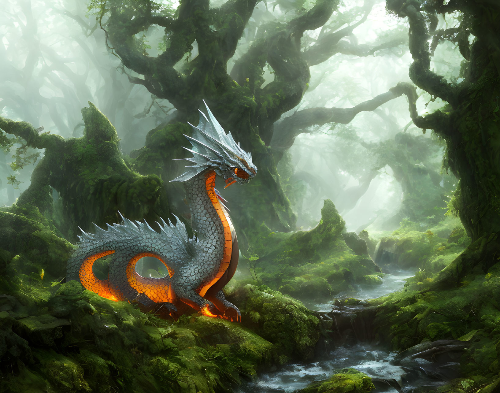 Orange-scaled dragon with spiked crest in misty forest by stream