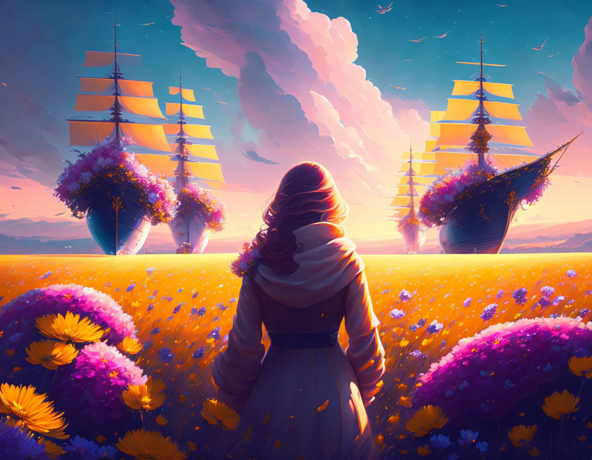 Woman admires ships in vibrant field at sunset