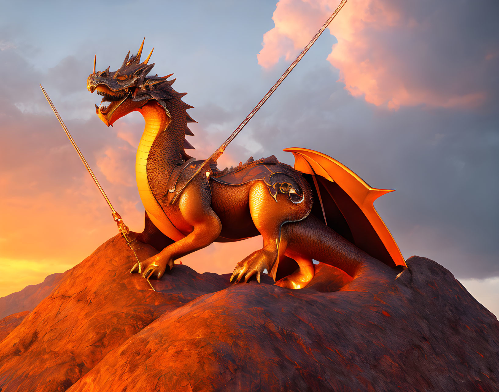 Majestic dragon on rocky outcrop at sunset