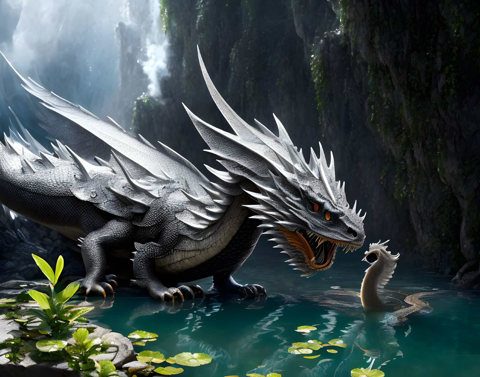 Detailed Silver Dragon Confronts Tiny Dragon in Mystical Forest