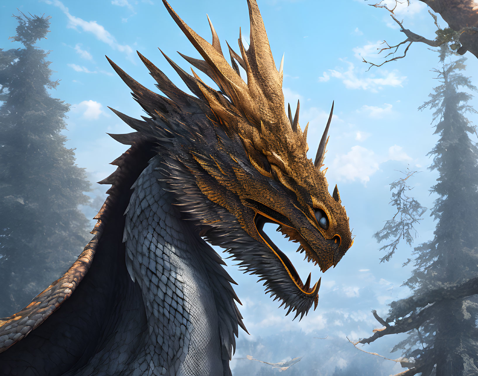 Golden-Brown Dragon with Sharp Spikes in Misty Forest