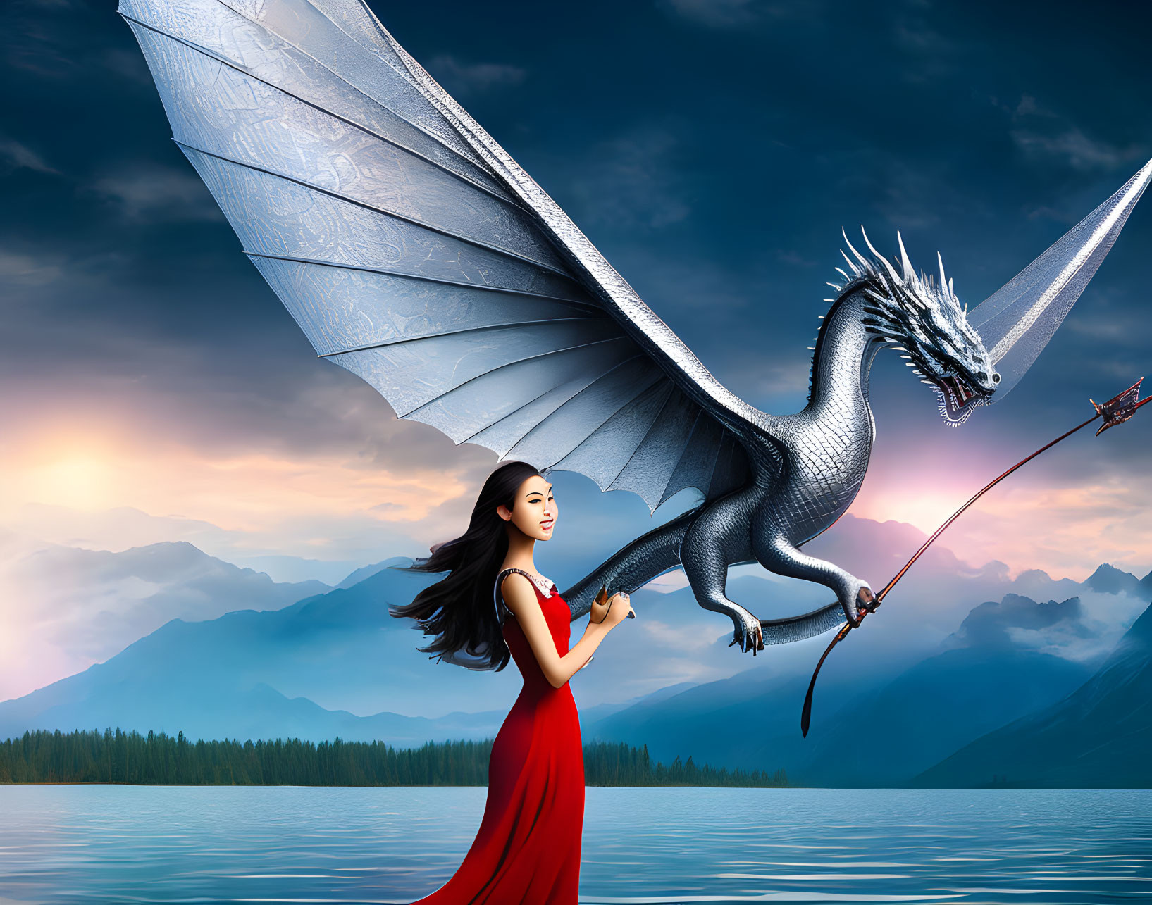 Woman in red dress with silver dragon by serene lake and mountains at dusk