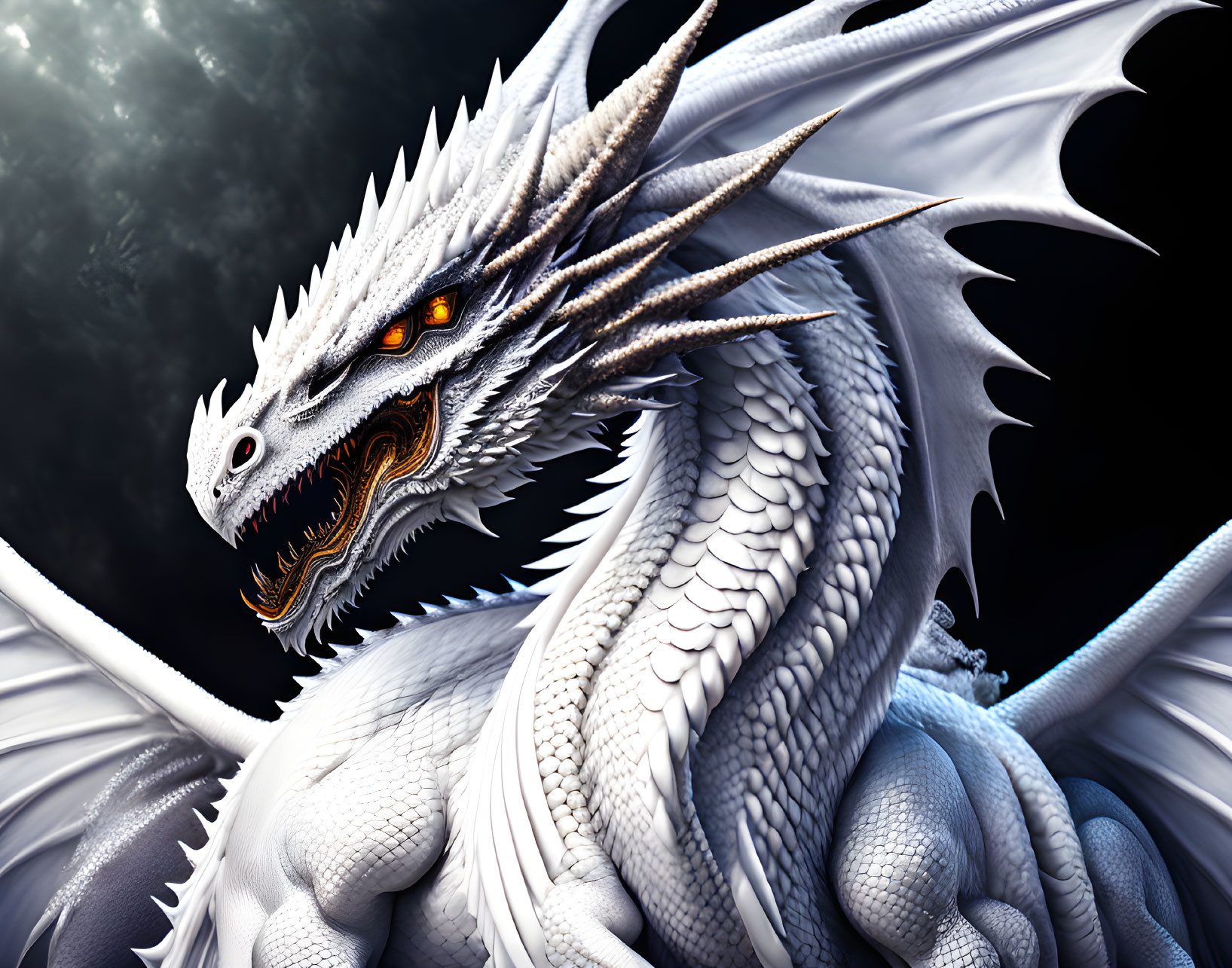 White Dragon with Orange Eyes and Large Wings on Dark Cloudy Background