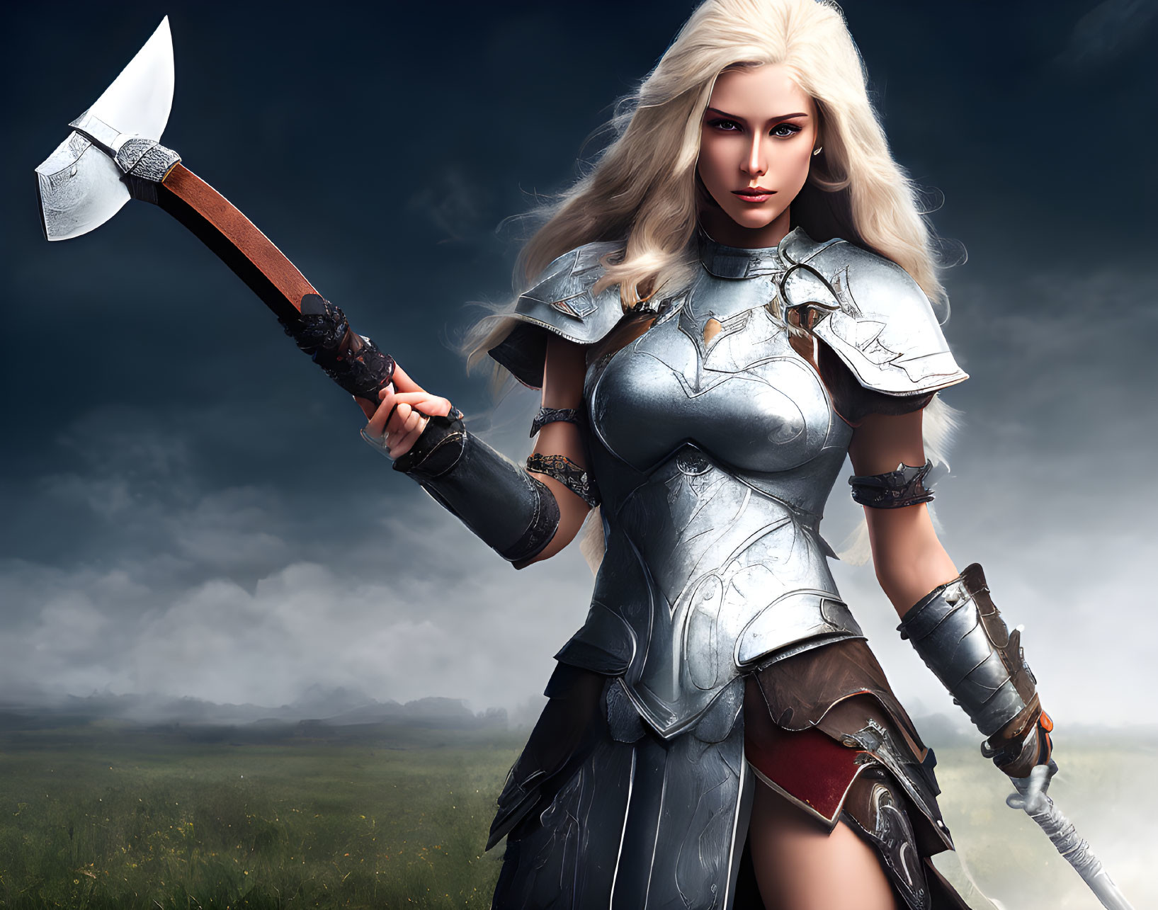 Blonde female warrior in silver armor with battle-axe under stormy sky