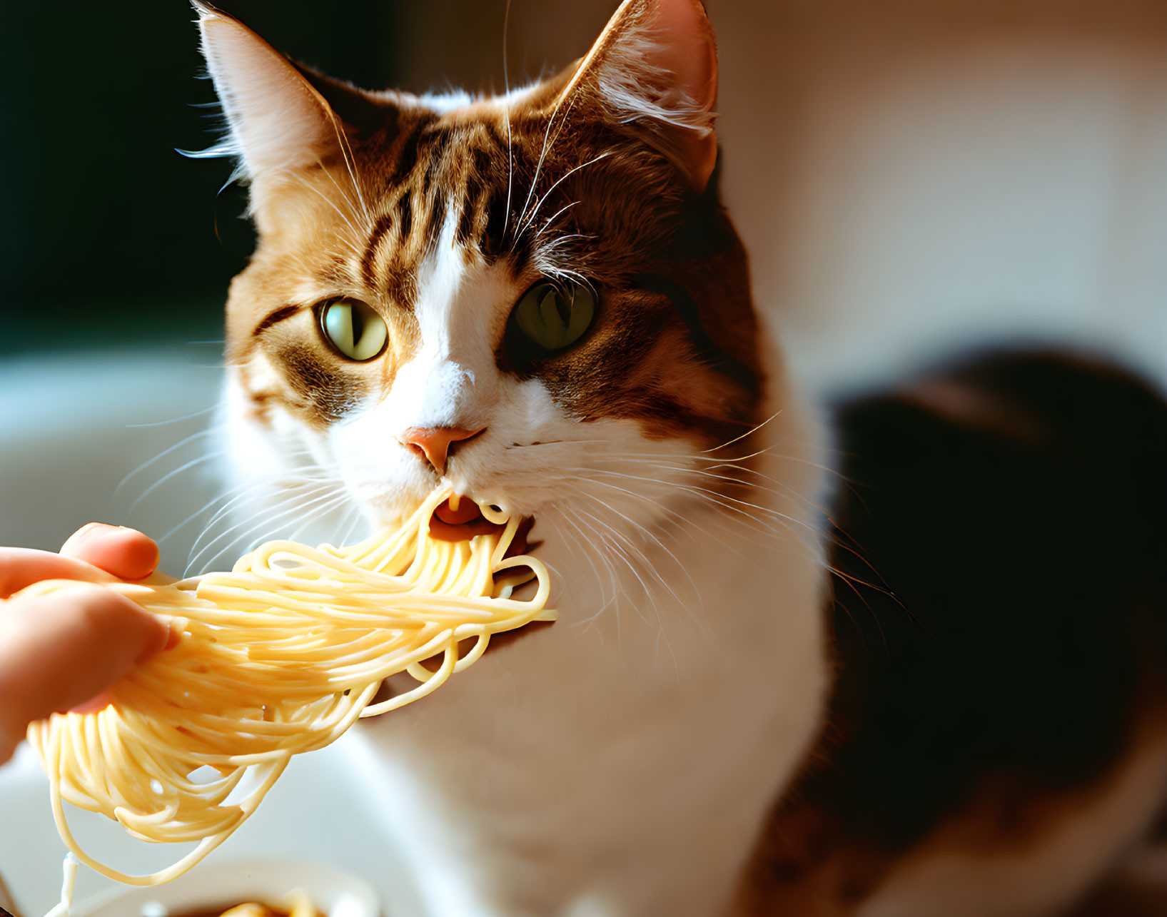 Brown and White Cat Eating Spaghetti from Hand in Warm Light