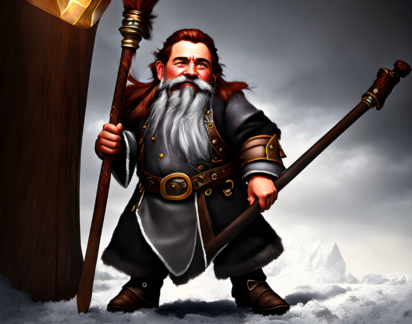 Dwarf warrior with axe and staff in snowy mountain landscape