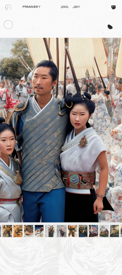 Three People in Traditional Asian Costumes at Historical Battle Reenactment