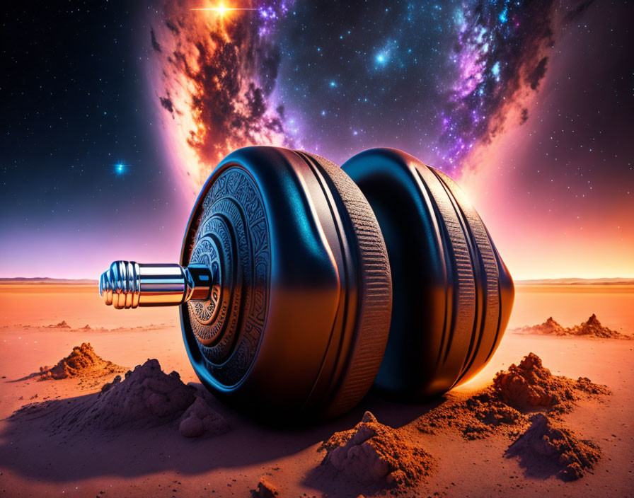 Large ornate dumbbell on desert landscape under cosmic sky