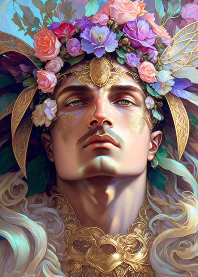 Portrait of individual with golden tattoos and floral crown in ethereal setting