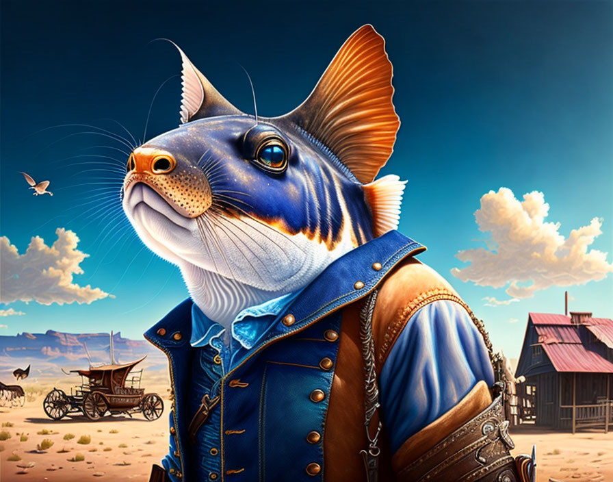 Digital Artwork: Cat Cowboy in Desert Landscape